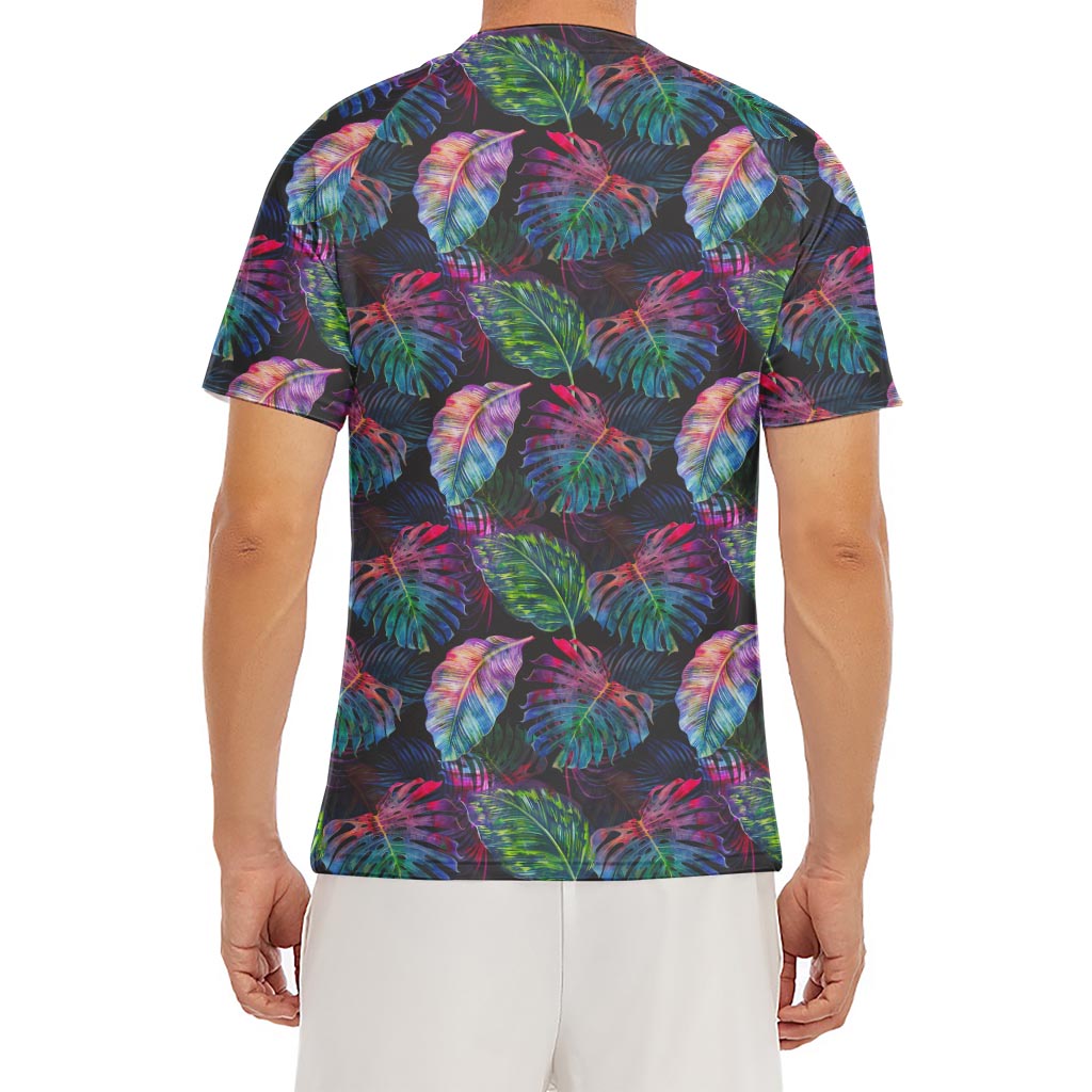 Colorful Tropical Leaves Pattern Print Men's Short Sleeve Rash Guard