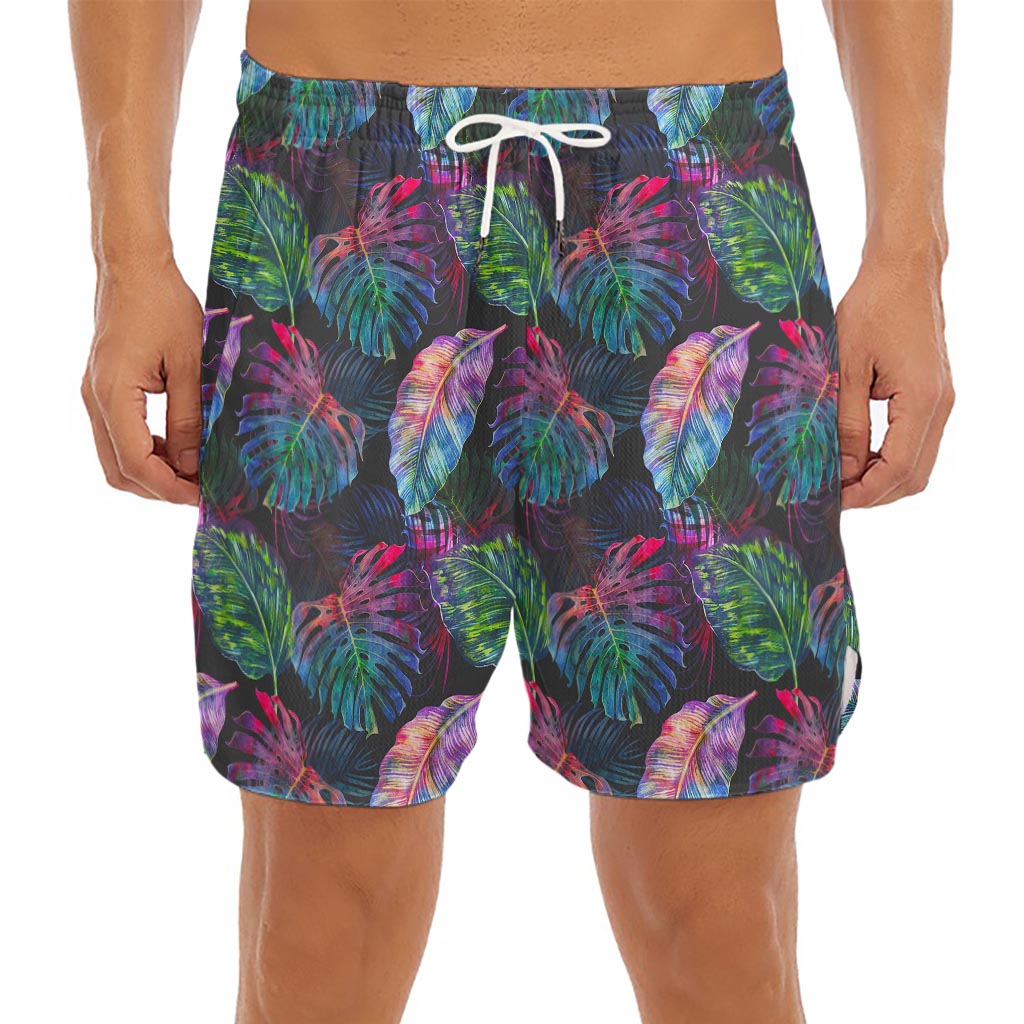 Colorful Tropical Leaves Pattern Print Men's Split Running Shorts