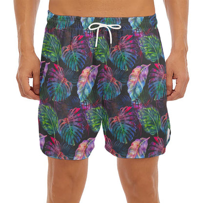 Colorful Tropical Leaves Pattern Print Men's Split Running Shorts