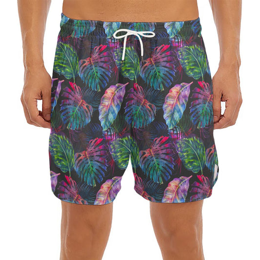 Colorful Tropical Leaves Pattern Print Men's Split Running Shorts