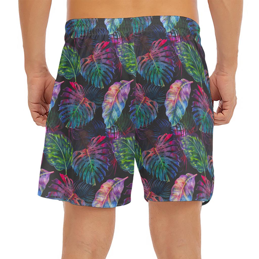 Colorful Tropical Leaves Pattern Print Men's Split Running Shorts