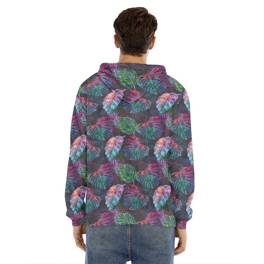 Colorful Tropical Leaves Pattern Print Men's Velvet Pullover Hoodie
