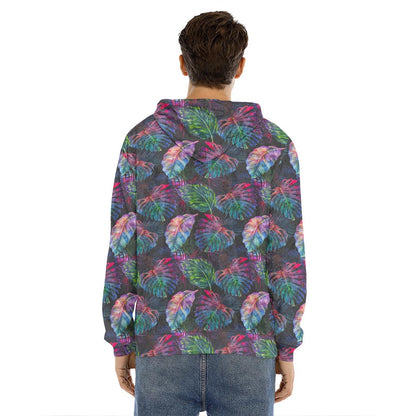 Colorful Tropical Leaves Pattern Print Men's Velvet Pullover Hoodie