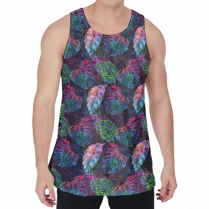 Colorful Tropical Leaves Pattern Print Men's Velvet Tank Top