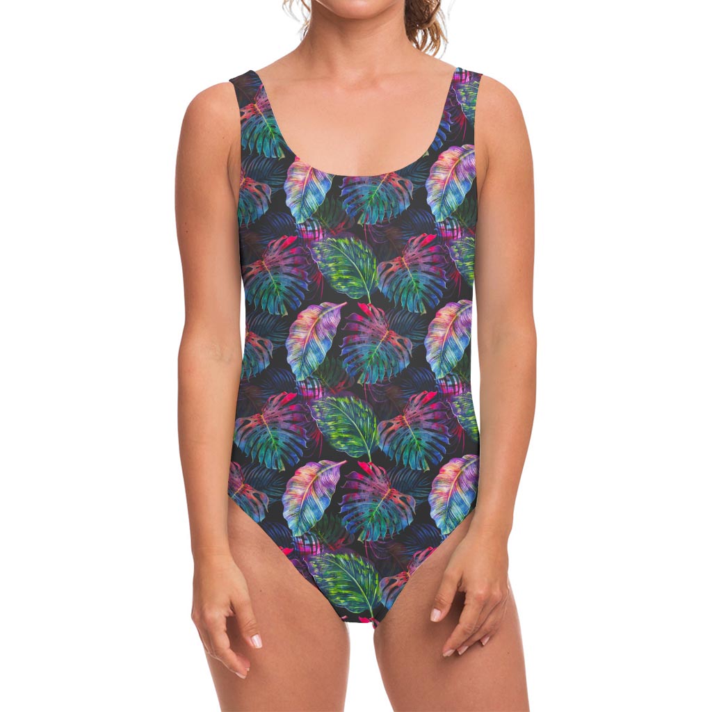 Colorful Tropical Leaves Pattern Print One Piece Swimsuit