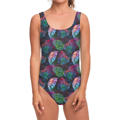 Colorful Tropical Leaves Pattern Print One Piece Swimsuit