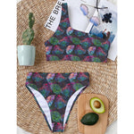 Colorful Tropical Leaves Pattern Print One Shoulder Bikini Top
