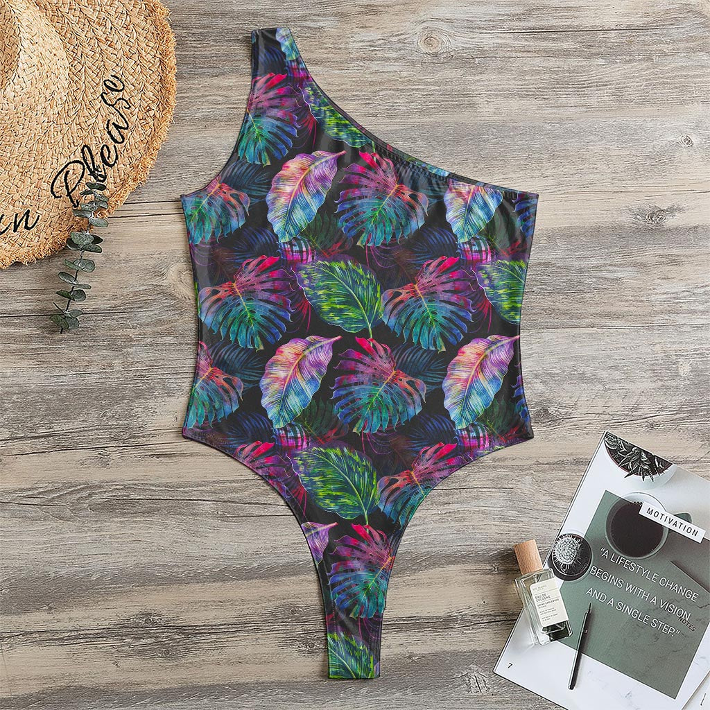 Colorful Tropical Leaves Pattern Print One Shoulder Bodysuit