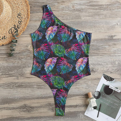 Colorful Tropical Leaves Pattern Print One Shoulder Bodysuit