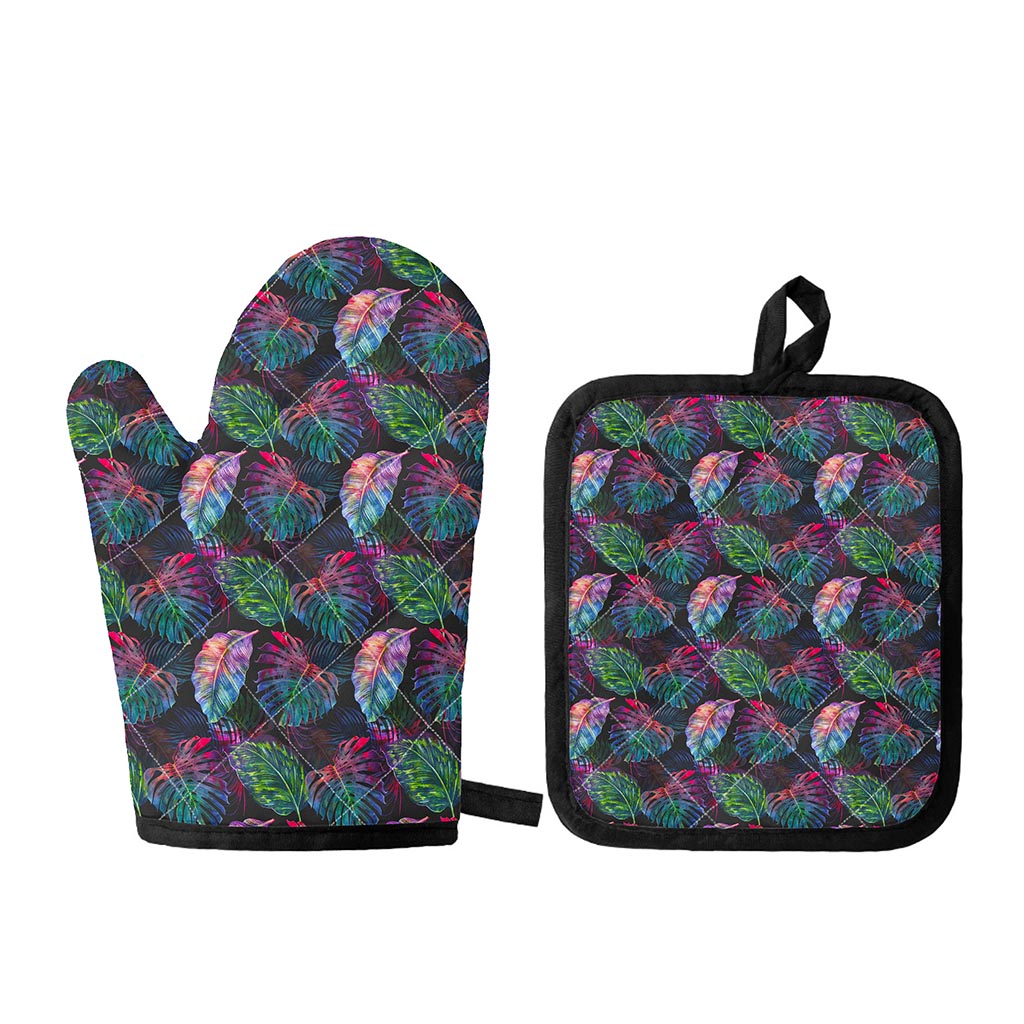Colorful Tropical Leaves Pattern Print Oven Mitt And Pot Holder Set