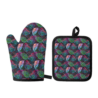 Colorful Tropical Leaves Pattern Print Oven Mitt And Pot Holder Set