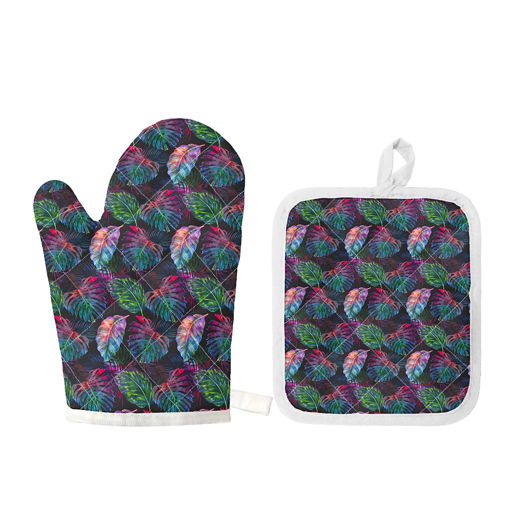 Colorful Tropical Leaves Pattern Print Oven Mitt And Pot Holder Set