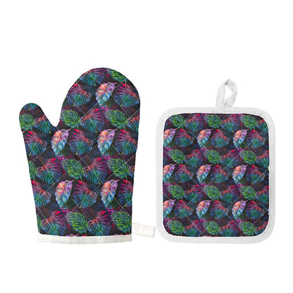 Colorful Tropical Leaves Pattern Print Oven Mitt And Pot Holder Set