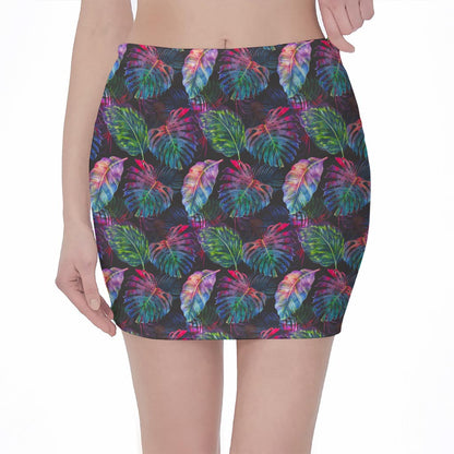Colorful Tropical Leaves Pattern Print Pencil Mini Skirt