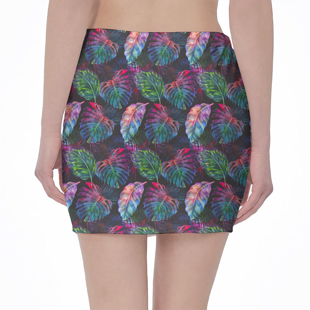 Colorful Tropical Leaves Pattern Print Pencil Mini Skirt