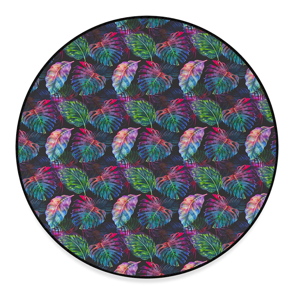 Colorful Tropical Leaves Pattern Print Round Floor Mat