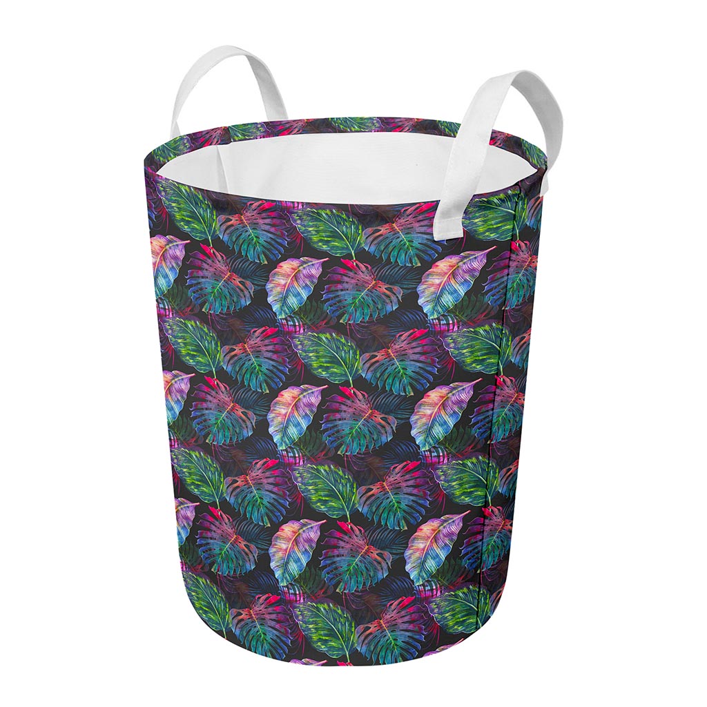 Colorful Tropical Leaves Pattern Print Round Laundry Basket