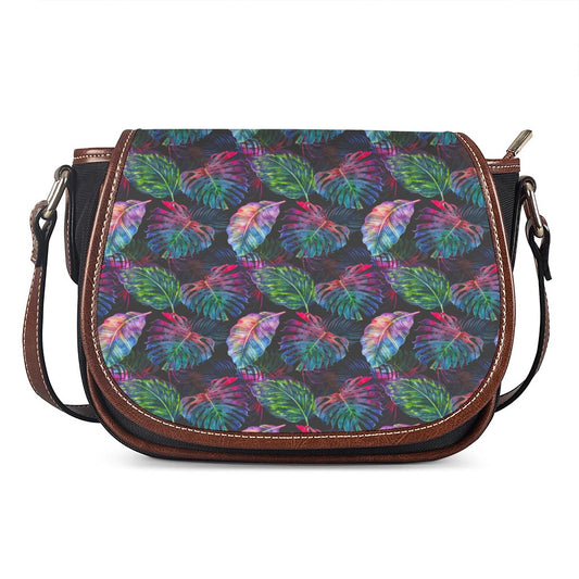 Colorful Tropical Leaves Pattern Print Saddle Bag