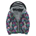 Colorful Tropical Leaves Pattern Print Sherpa Lined Zip Up Hoodie