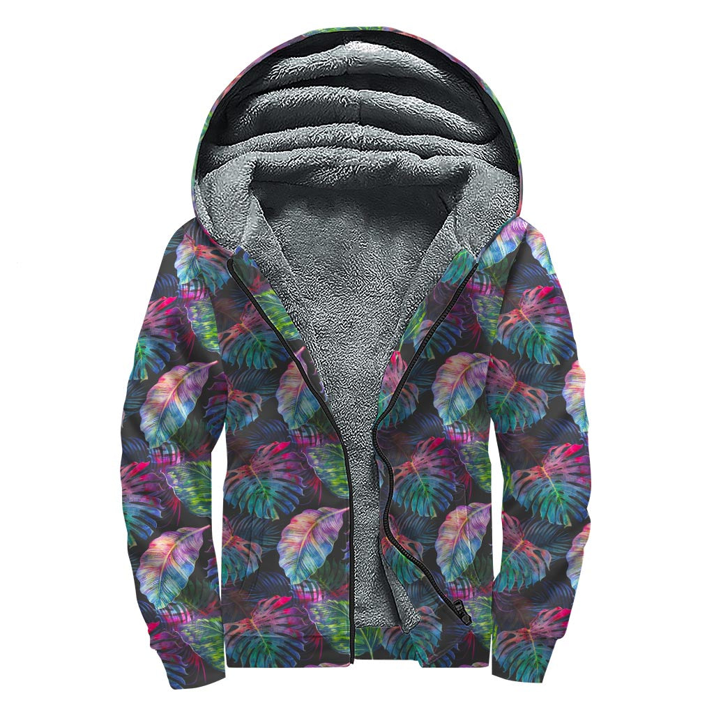 Colorful Tropical Leaves Pattern Print Sherpa Lined Zip Up Hoodie