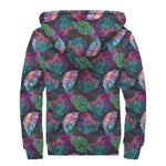 Colorful Tropical Leaves Pattern Print Sherpa Lined Zip Up Hoodie