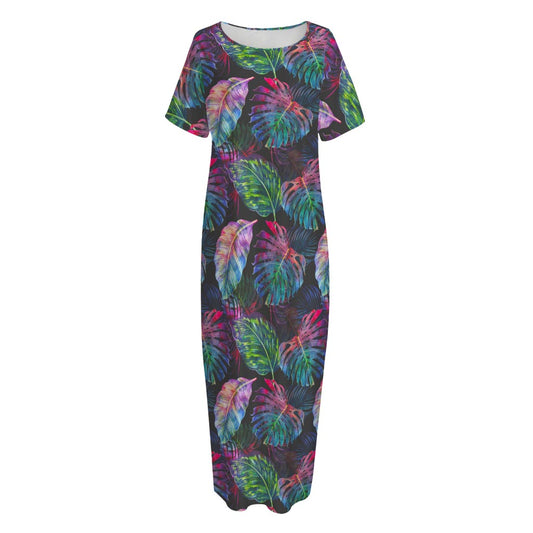 Colorful Tropical Leaves Pattern Print Short Sleeve Long Nightdress
