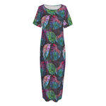 Colorful Tropical Leaves Pattern Print Short Sleeve Long Nightdress