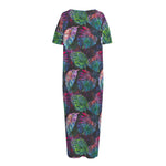 Colorful Tropical Leaves Pattern Print Short Sleeve Long Nightdress