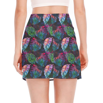 Colorful Tropical Leaves Pattern Print Side Slit Mini Skirt