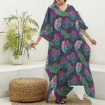 Colorful Tropical Leaves Pattern Print Silk V-Neck Kaftan Dress