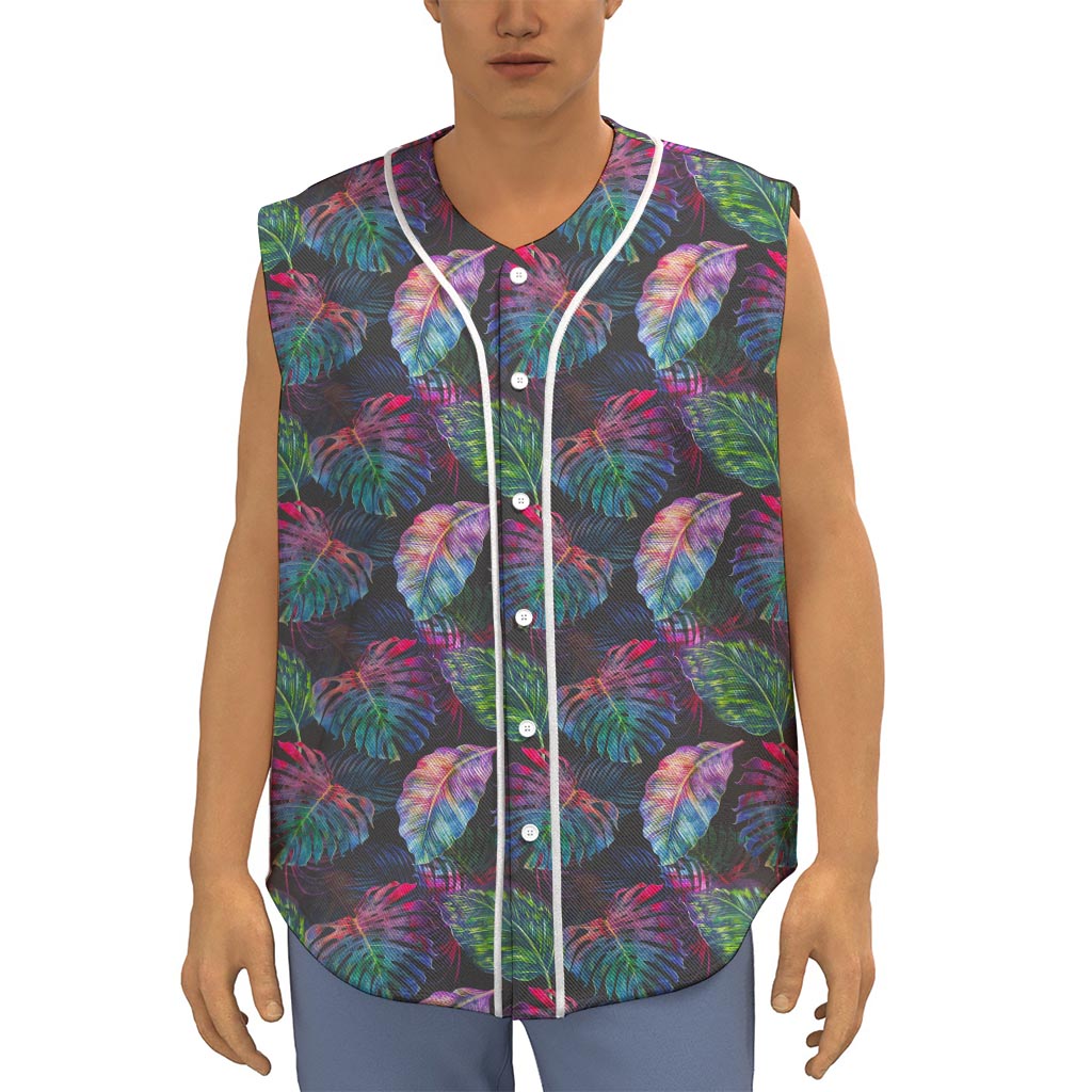Colorful Tropical Leaves Pattern Print Sleeveless Baseball Jersey