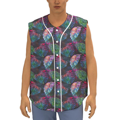 Colorful Tropical Leaves Pattern Print Sleeveless Baseball Jersey