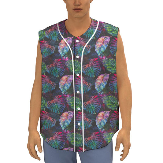 Colorful Tropical Leaves Pattern Print Sleeveless Baseball Jersey