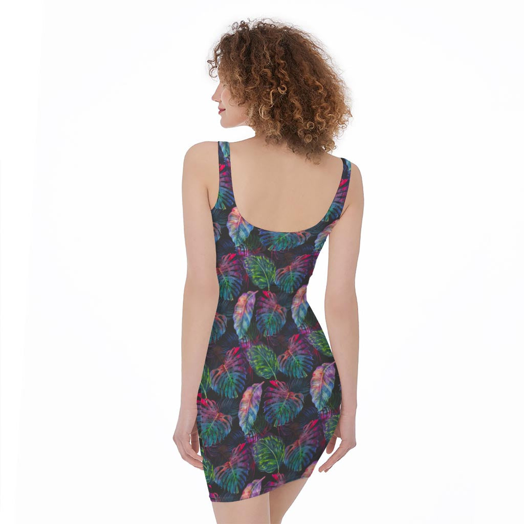 Colorful Tropical Leaves Pattern Print Sleeveless Bodycon Dress