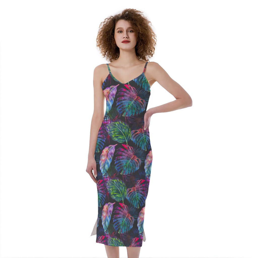 Colorful Tropical Leaves Pattern Print Slim Fit Midi Cami Dress