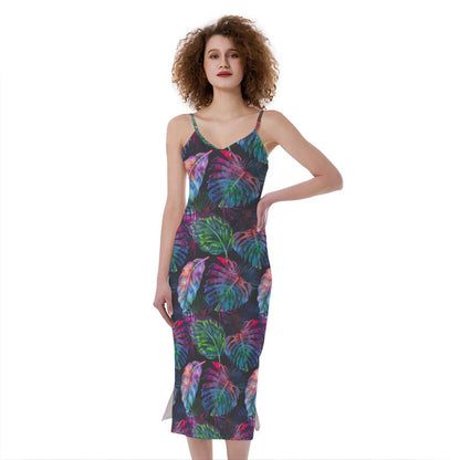 Colorful Tropical Leaves Pattern Print Slim Fit Midi Cami Dress