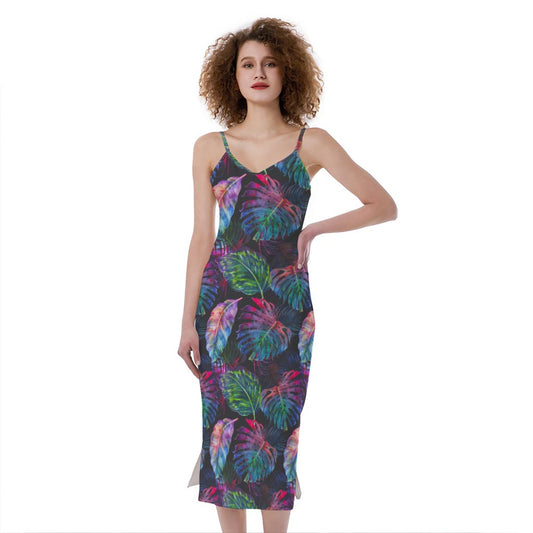 Colorful Tropical Leaves Pattern Print Slim Fit Midi Cami Dress
