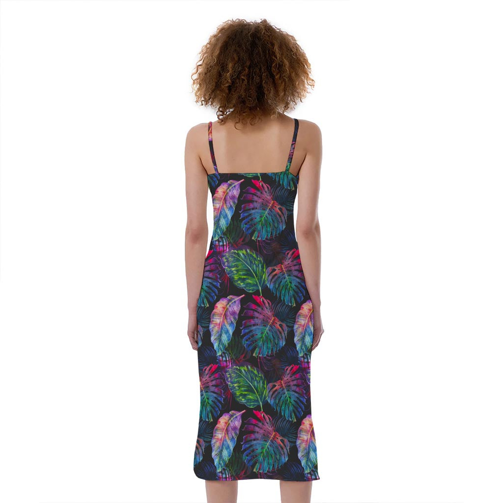 Colorful Tropical Leaves Pattern Print Slim Fit Midi Cami Dress