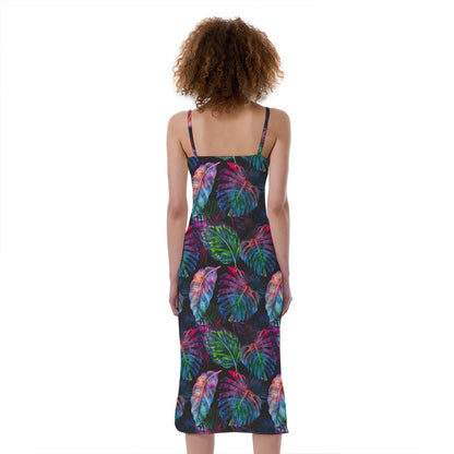 Colorful Tropical Leaves Pattern Print Slim Fit Midi Cami Dress