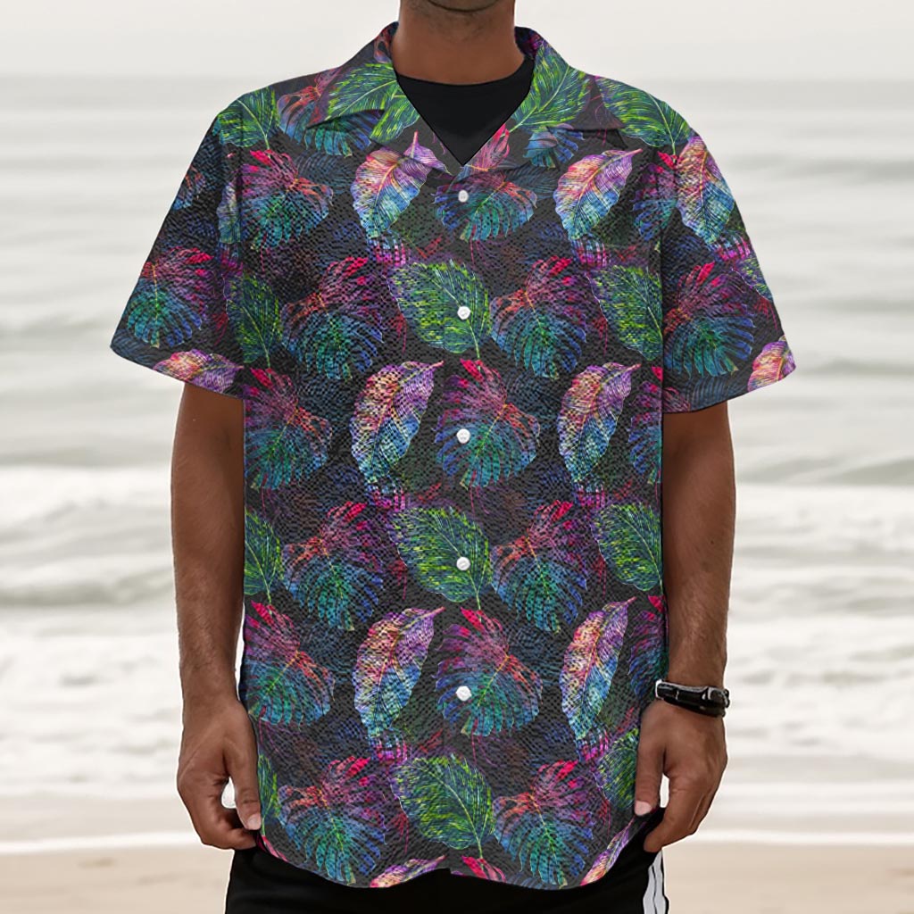 Colorful Tropical Leaves Pattern Print Textured Short Sleeve Shirt