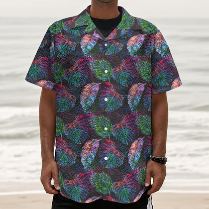 Colorful Tropical Leaves Pattern Print Textured Short Sleeve Shirt