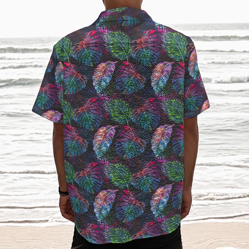 Colorful Tropical Leaves Pattern Print Textured Short Sleeve Shirt