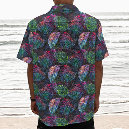 Colorful Tropical Leaves Pattern Print Textured Short Sleeve Shirt
