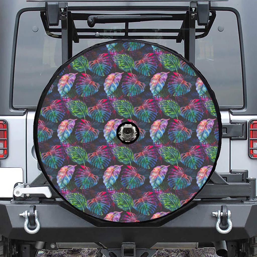 Colorful Tropical Leaves Pattern Print Tire Cover With Camera Hole