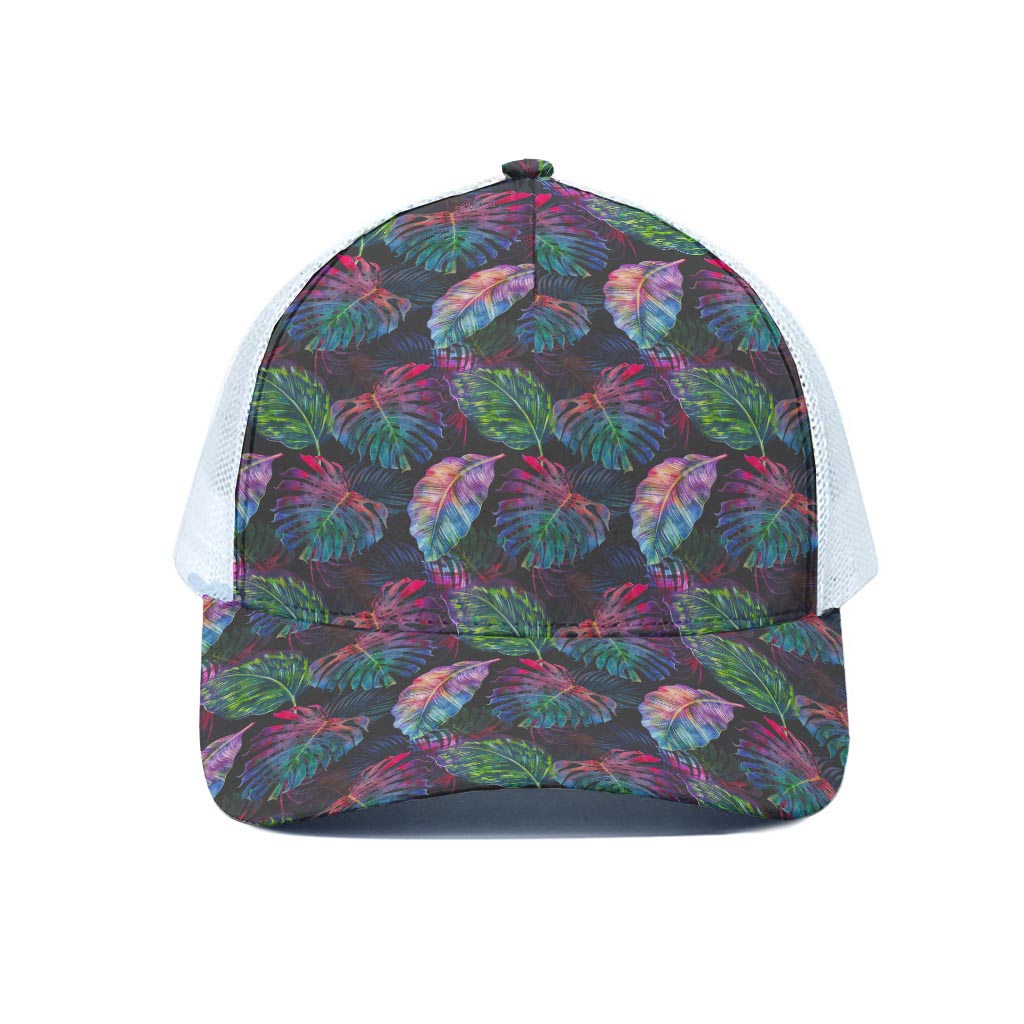 Colorful Tropical Leaves Pattern Print White Mesh Trucker Cap