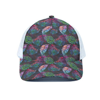 Colorful Tropical Leaves Pattern Print White Mesh Trucker Cap