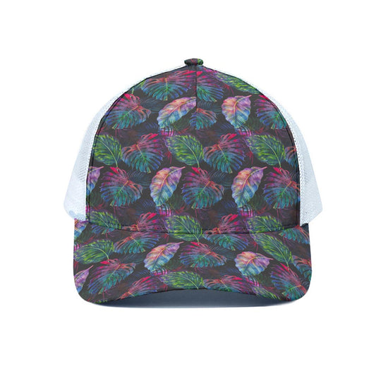 Colorful Tropical Leaves Pattern Print White Mesh Trucker Cap