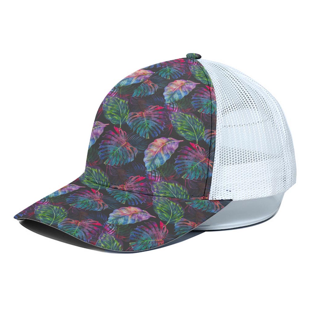 Colorful Tropical Leaves Pattern Print White Mesh Trucker Cap