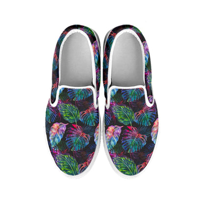 Colorful Tropical Leaves Pattern Print White Slip On Sneakers