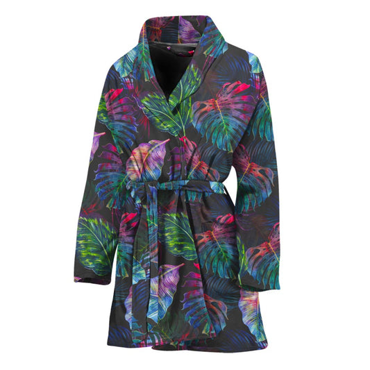 Colorful Tropical Leaves Pattern Print Women's Bathrobe
